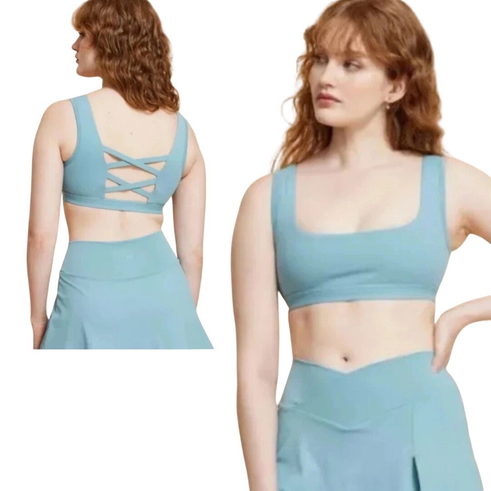 Blogilates Women's Light Blue Crisscross Back Corset Seams Sports Bra Size Large